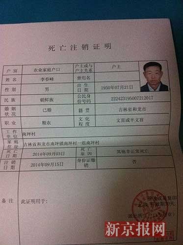 死亡证明。家属供图